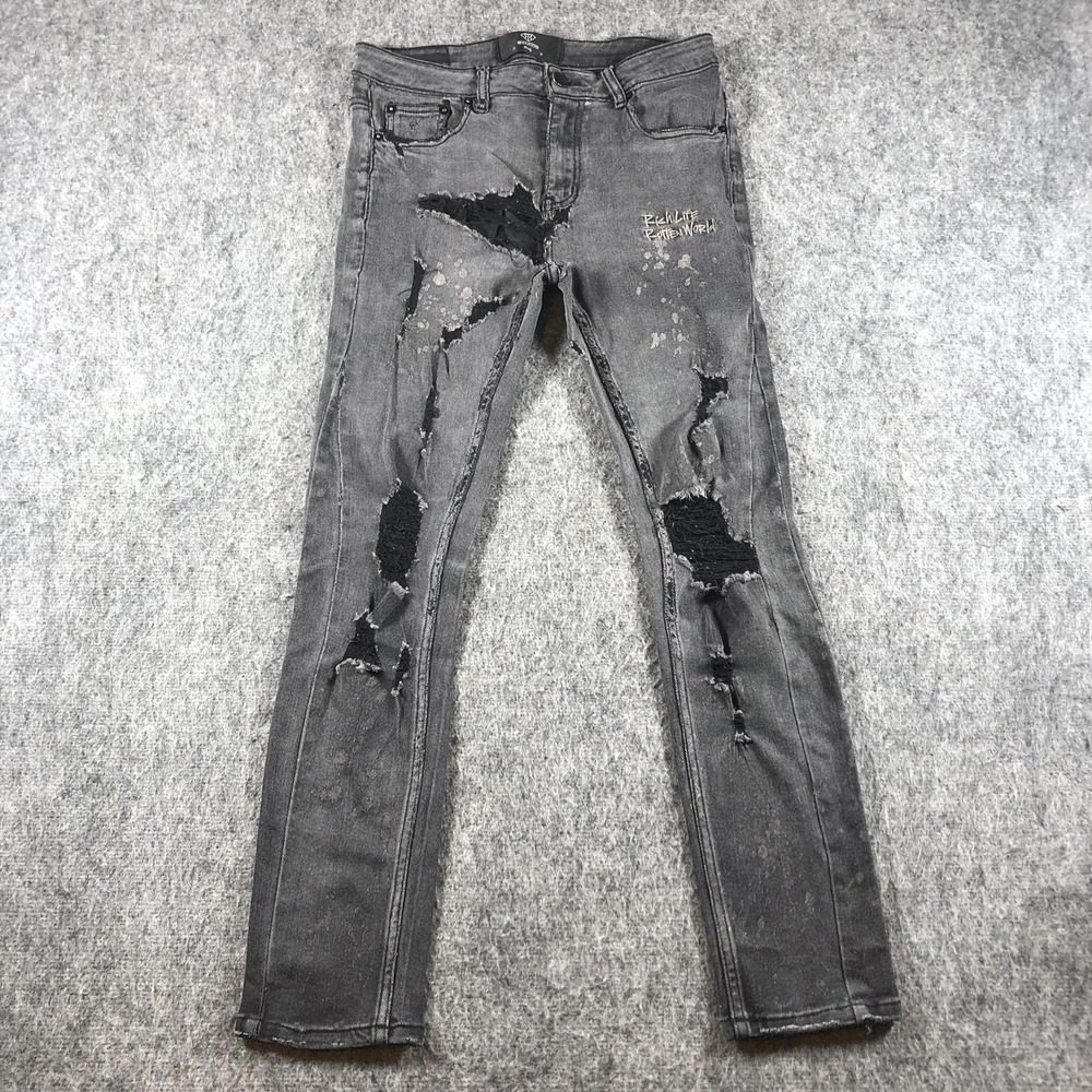 Rich & Rotten Jeans Mens 29x29 Gray Charcoal Skinny Slim Fit Distressed Denim